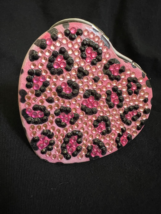 Pink Leopard Heart Shaped Compact Mirror